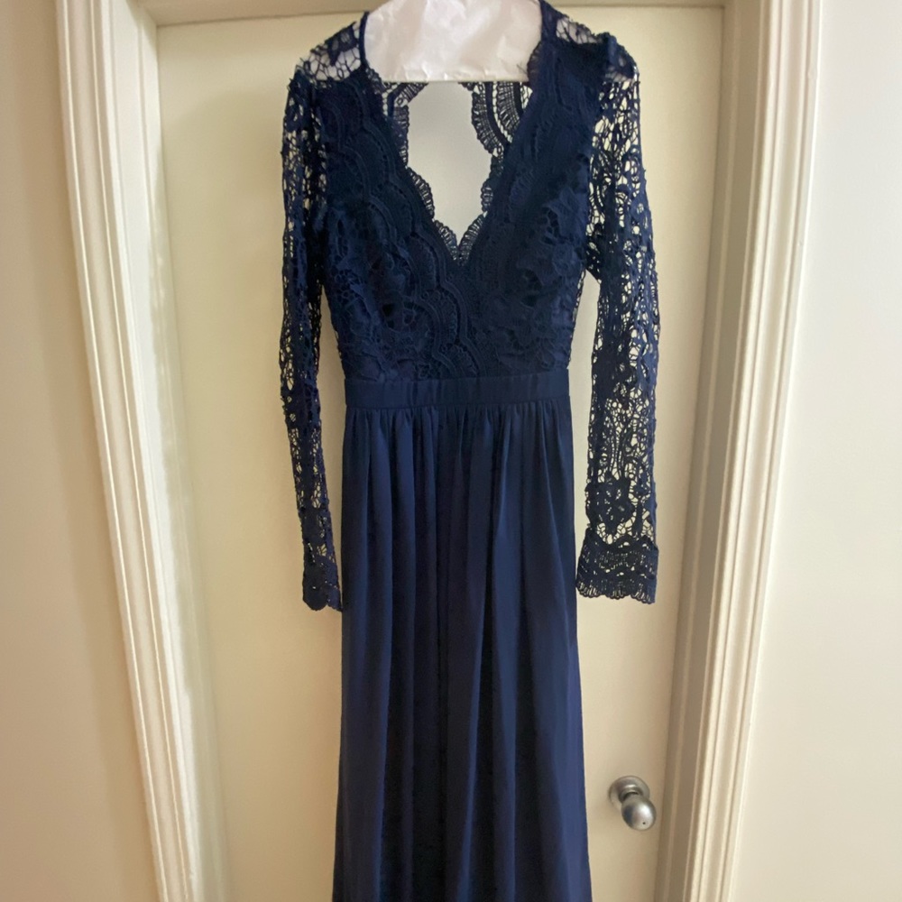 Floor length navy blue dress with lace
